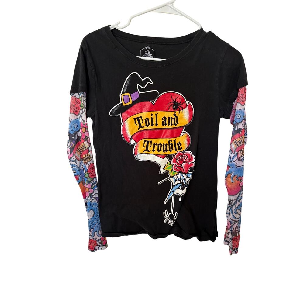 Women’s Halloween Toil and Trouble Tattoo Sleeve Graphic Top Size L